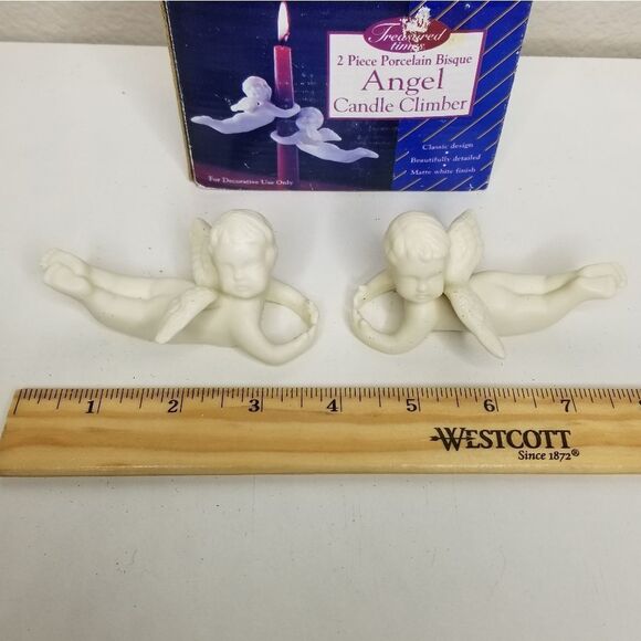 TREASURED Times 2 Piece Porcelain Bisque Angel Candle Climber Matte White Finish - Picture 4 of 6